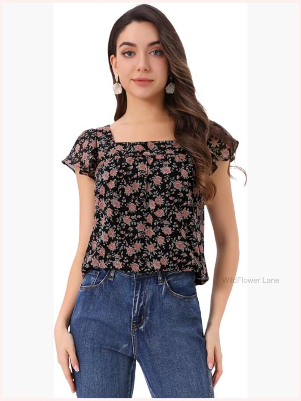 Chiffon Blouse - Square Neck Floral Print Ruffled Short Sleeve